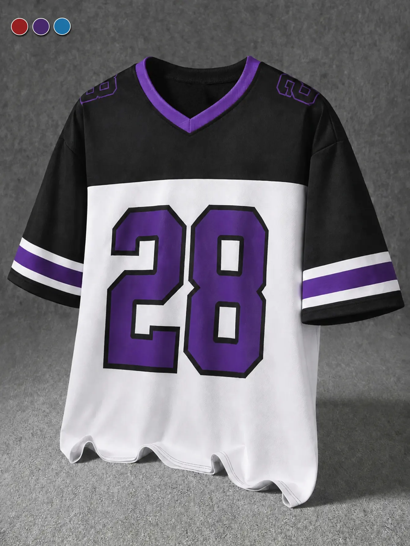 Men’s black-and-purple colorway American football jersey T-shirt; street sports casual style; loose fit; 2K retro black-and-purple jersey T-shirt; collegiate trendy style; street style oversized design; hip-hop casual style