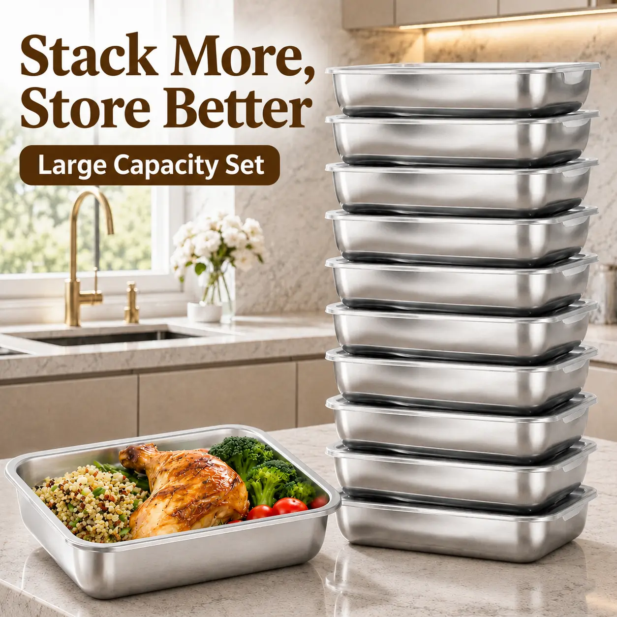 6-Pack Large Stainless Steel Food Storage Containers with Clear Lids, Airtight Leakproof Stackable Meal Prep & Lunch Boxes for Deli Meat, Salad, Fruit, Snacks, Leftovers, Refrigerator, Freezer & Picnic bpa-free handle snackle box container