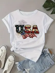 Vibrant American Flag Print V-Neck T-Shirt - Soft Dacron And Spandex Blend, Perfect for Summer - Womens Casual Short Sleeve Tee