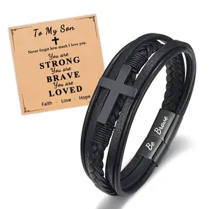 To My Son Grandson Nephew Brave Cross Leather Bracelet Baptism Birthday Valentines Christmas Gifts for Teen Boys
