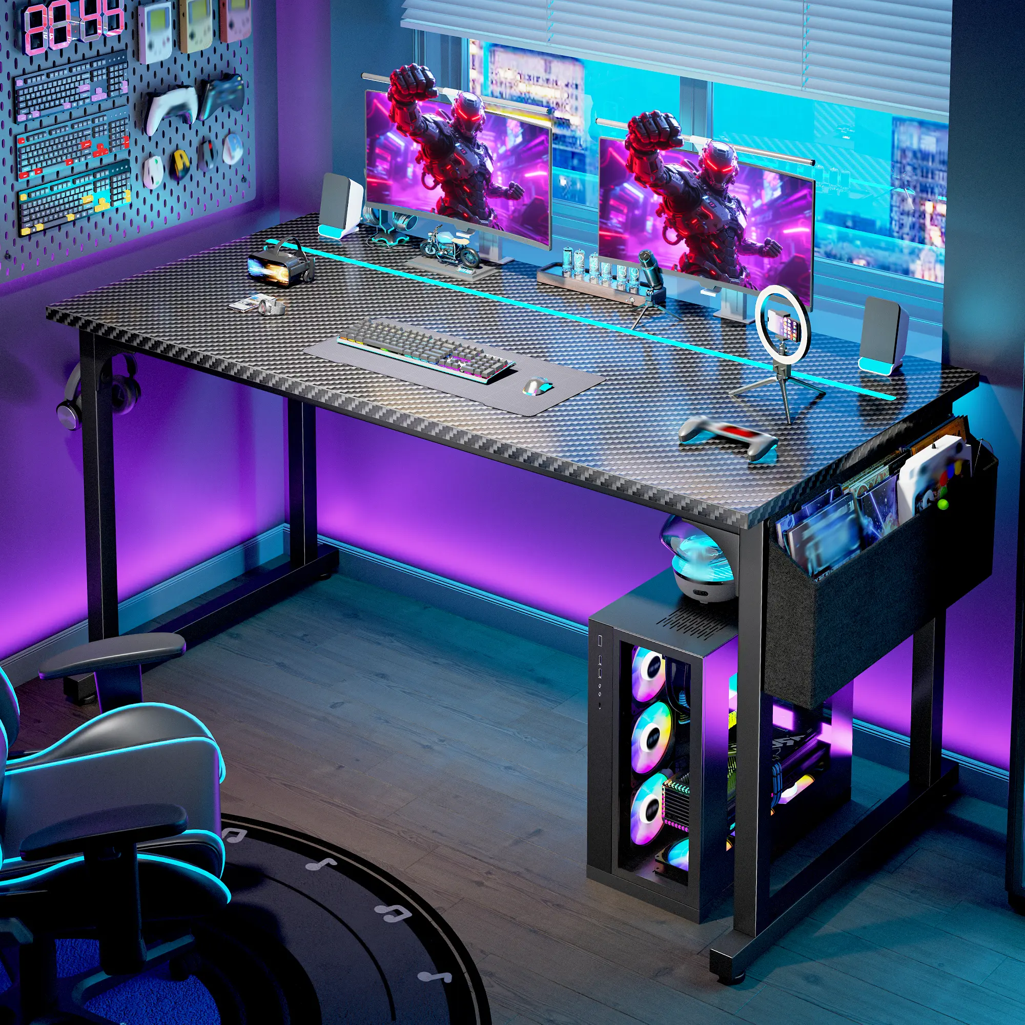 Raybee 31''W Rectangular Carbon Fiber Gaming Desk - Waterproof Multi-Size Option, LED Strip, Durable Office Furniture, Side Storage Pocket, Easy Assembly, Teen Dorm Desk (Back to College Essential)