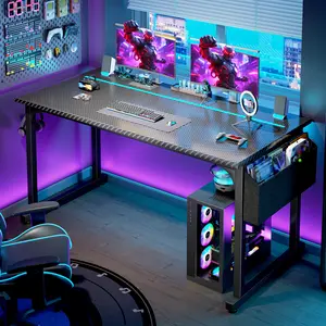 【Free Hooks】31.5‘’W Carbon Fiber Texture Gaming Desk With LED Lights, Sturdy Computer Desk with Side Storage Pocket,Gaming Setup for Home Office Use,Study desk for teenagers,Born for Dorm & Apartments,Easy Assemble, Craft Workbench Table