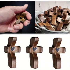 3pc Handmade Walnut Wood Palm Cross Ornament, 3D Cross Decoration, Decorative Handcrafted Item, Ideal Gift for Religious Occasions