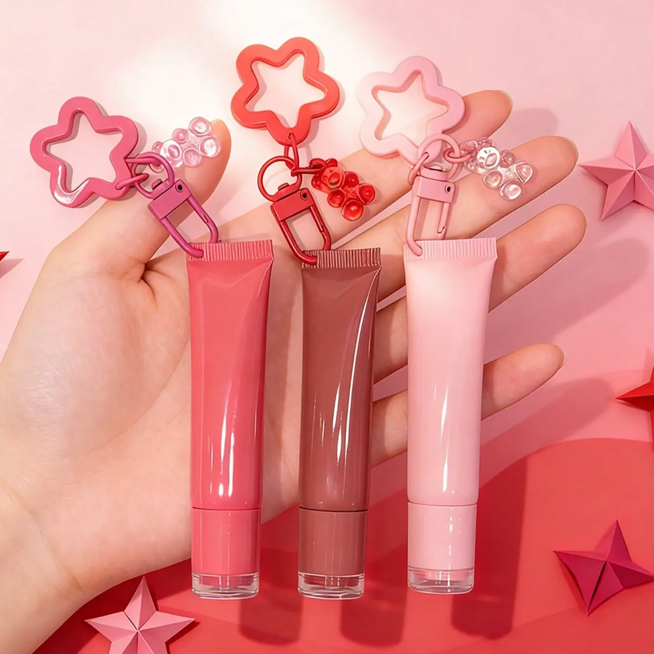 Fashionable Lip Gloss Tube, Reusable Squeeze Design, Cute Keychain, Makeup Tool, Star and Bear Pendant, Ideal Gift for Friends