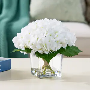 VeriNatural White Artificial Hydrangea in Vase – Realistic Silk Flowers with Faux Water, Perfect Home, Office & Wedding Decor