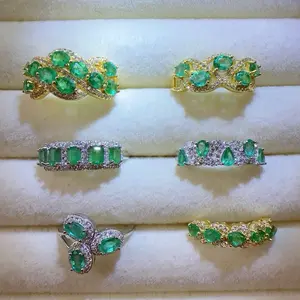 <PingEast Jewerly>Emerald ring--925 Silver Natural Colombian Emerald Row Ring | Multi-Stone Design