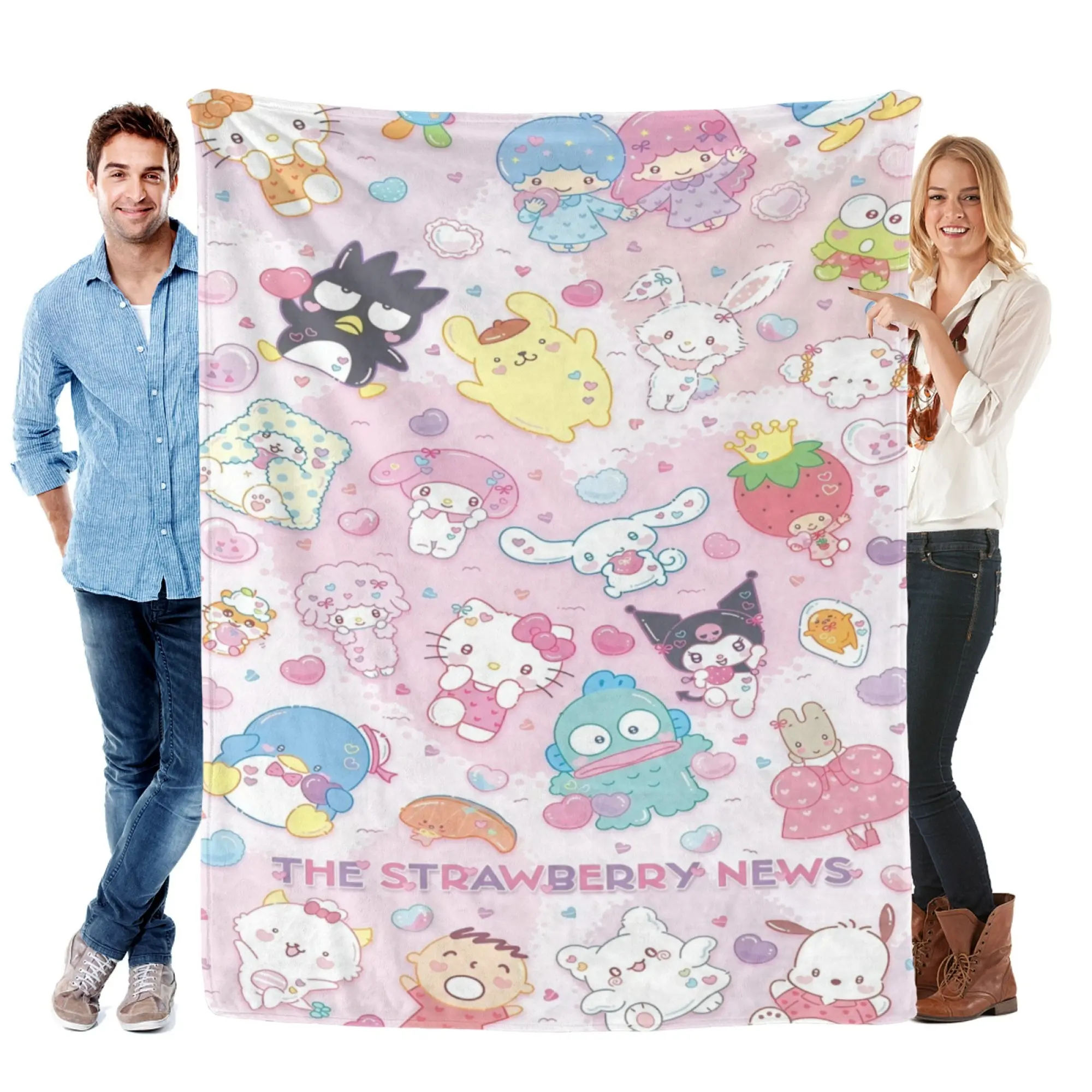 [SummerVibes] SANRIO ALL-STARS Soft Flannel Blanket - "The Strawberry News" Hello Kitty My Melody Kuromi Cinnamoroll Design, Cozy Fleece Throw for Couch, Bed, Office, Great Gift
