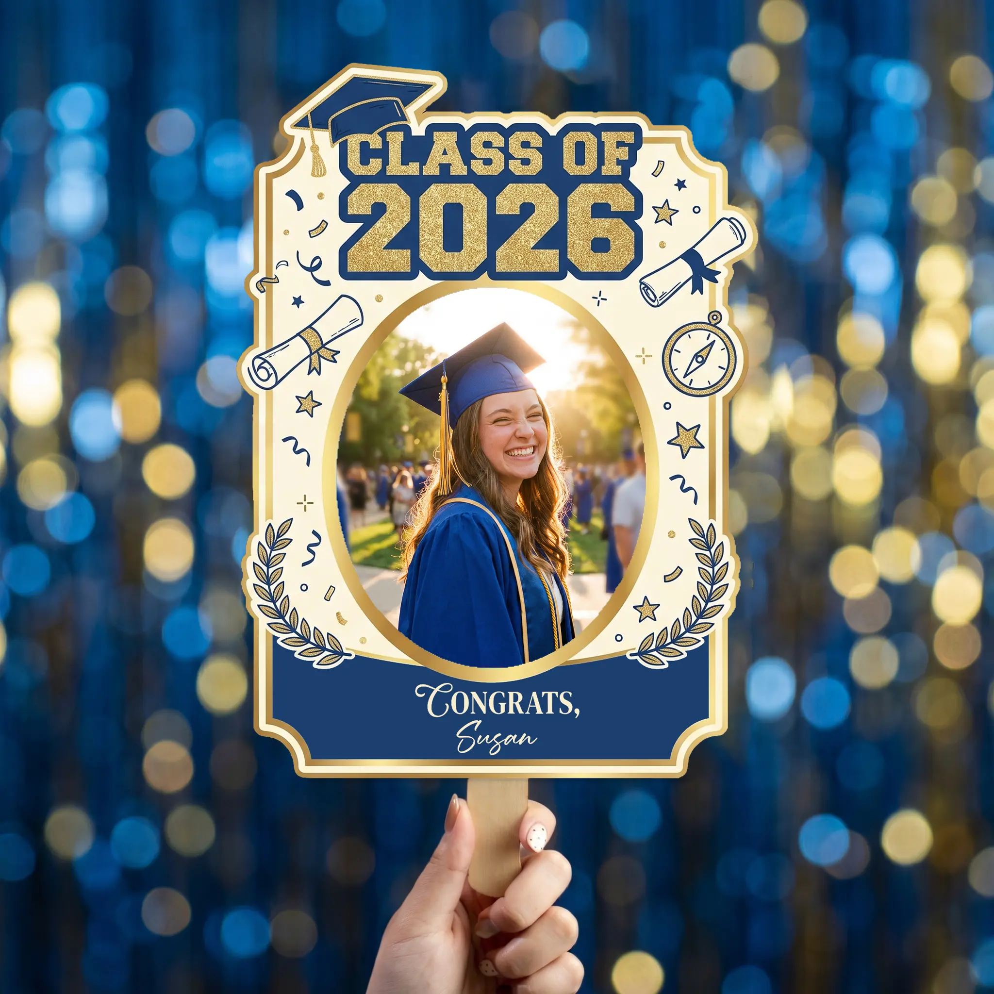 Personalized Class of 2026 Custom Shape Photo Hand Fan, Graduation Party Fan with Photo & Name