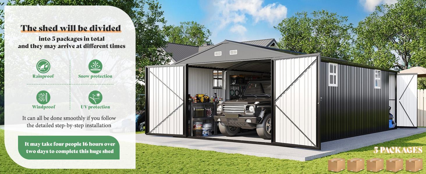 [Spring Sale] AMERLIFE Outdoor Storage Shed, Huge Metal Garage Shed with 2 Double Hinged Doors and 4 Windows, Carport for Car, Truck, Bike, Garbage Can and Lawnmower, Dark Grey/Best Gift Ideas/Christmas Gifts