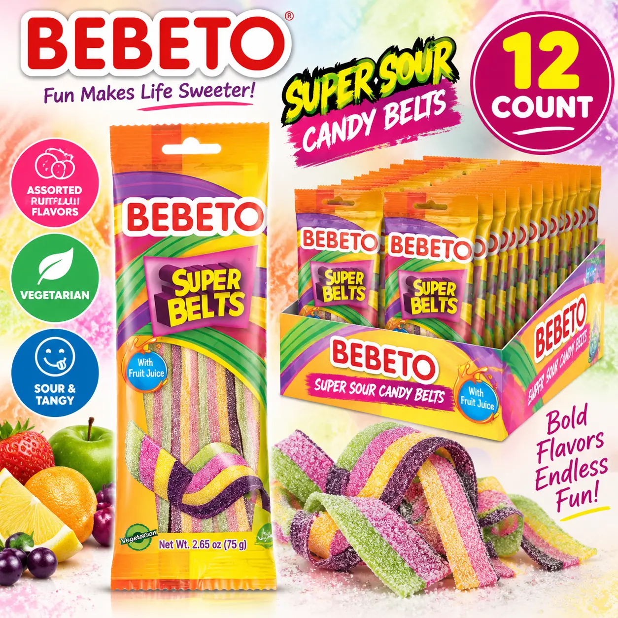 Bebeto Import Super Sour Candy Belts 2.65 oz 12 Count Sour Gummy Candy Strips