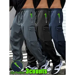 3pcs Men's Lightweight Cargo Pants with Drawstring Elastic Waist, Multiple Zipper Pockets & Large Side Pockets - Breathable Regular Fit Casual Outdoor Pants for Spring/Fall (Black/Grey)