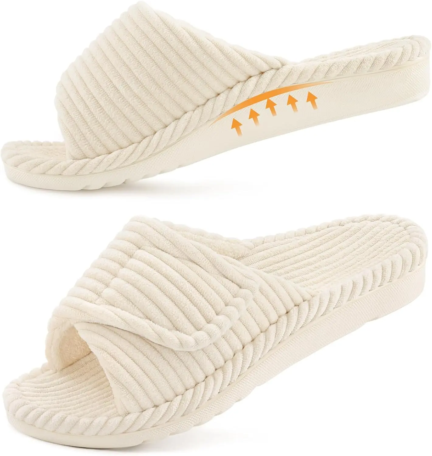 Orthopedic Slippers for Women Arch Support Indoor House Slippers Adjustable Open Toe Corduroy Bedroom Shoes with Memory Foam for Plantar Fasciitis