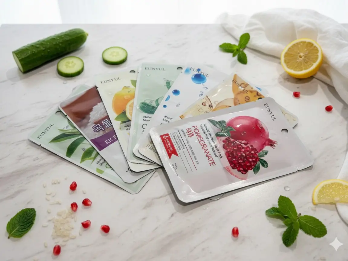EUNYUL Korean Sheet Mask Set – Hydrating & Brightening Facial Mask Variety Pack (Pomegranate, Cucumber, Green tea, Rice, Vitamin C, Collagen, Hyaluron) – Moisturizing K-Beauty Face Masks for Glowing Glass Skin, Soothing & Nourishing Skincare – Essential