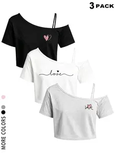 Trendy Casual Women's 2026 New 3-Pack Off Shoulder Crop Tops, Spaghetti Strap & Heart Print Tees, Y2K Streetwear T-Shirts, Summer Tops for Teen Girls, Cropped Blouses for Daily Party Coachella Outfits, Hot Women's Clothing, Womenswear, Multi Color Options