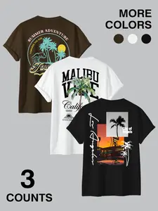 3-Count California Vibe Graphic T-Shirts - Malibu/Summer Adventure/City of Angels Prints Multi-Color Streetwear Casual Tees