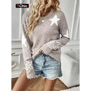 Women's Star Print Drop Shoulder Sweater, Casual Long Sleeve Round Neck Jumper for Fall & Winter, Fashion Ladies' Knitwear for Daily Wear, Tops