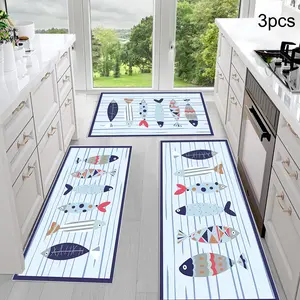 Fish Kitchen Rug Set of 3, Non-Slip Comfortable Mats, Farmhouse Chef Rugs for Kitchen Sink Laundry Room
