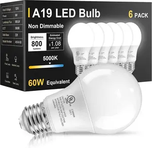 6 Pack LED Light Bulbs 60 Watt Equivalent, Daylight White 5000K A19, Efficient 9W, E26 Standard Base, 800 LM Energy Saving Lightbulbs for Home Bedroom Living Room Office, Non-Dimmable, UL Listed