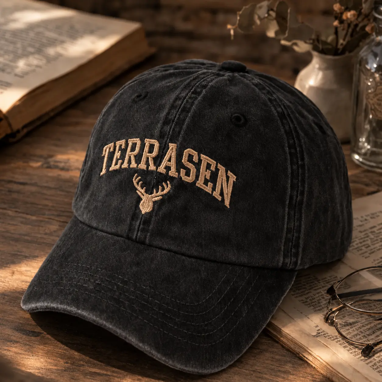 Terrasen Stag Embroidered Dad Hat, Washed Black Fantasy Reader Cap, Adjustable Charcoal Baseball Hat