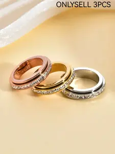 3-Piece Rotating Stress Relief Rings, Unisex Zircon Embedded, Titanium Steel Rings, Fashionable Design, Lightweight, Durable, Perfect for Daily Wear, Gifts