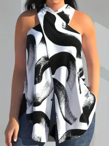 Summer Plus Size New Striped Digital Print Color Blocked Halter Neck Sleeveless T-Shirt, Trendy Casual Flattering Sleeveless Top for Women, Comfortable and Stylish