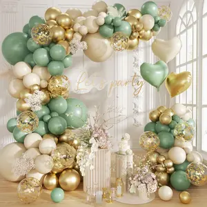 160Pcs Sage Green Gold Balloon Garland Arch Kit, Sage Green Sand White Gold Balloons for First Communion Decor, Baby Shower, Bridal Shower, Birthday, Engagement, Wild One Party Decorations