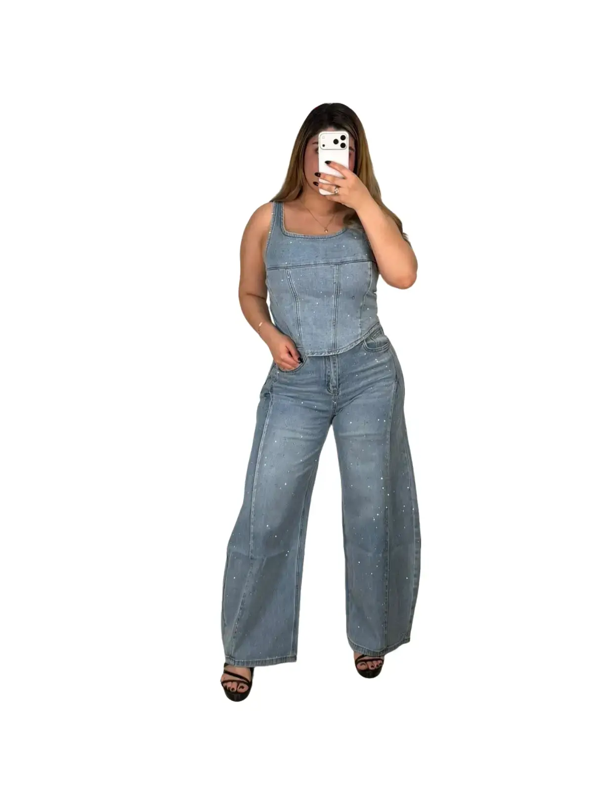 Destiny's Two Piece Light Wash - Rhinestone Set - Barrel Fit Bottoms