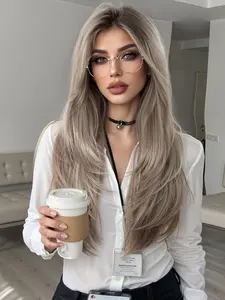 Light Gold Mixed Color Long Curly Hair Mechanic Full Head Cover Rose Net Natural Smooth Music Festival Hot Sell, Synthetic Material Wigs