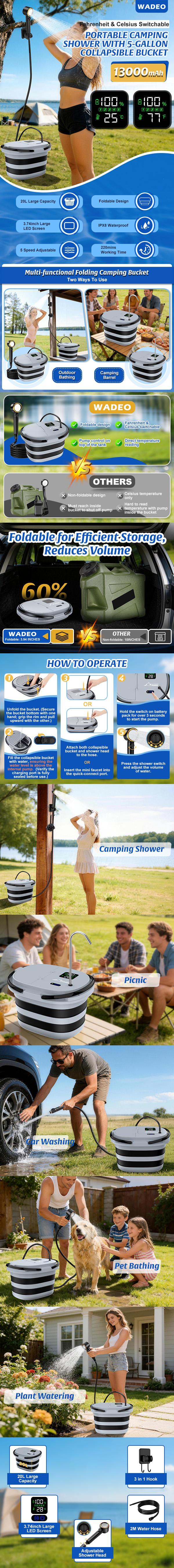 WADEO Portable Shower for Camping with 20L Bucket, 13000mAh Rechargeable Camping Shower with Intelligent LED Display & °F/°C Switch, 5 Speeds Modes, IPX8 Waterproof Portable Shower for Hiking, Travel WADEO Portable Shower for Camping with 20L Bucket, 13000mAh Rechargeable Camping Shower with Intelligent LED Display & °F/°C Switch, 5 Speeds Modes, IPX8 Waterproof Portable Shower for Hiking, Travel