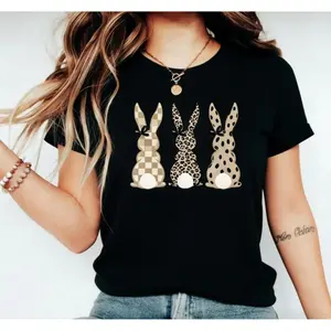 Comfort Colors Neutral Easter Bunny T-Shirt Featuring Leopard Checkered Patterns and a Coquette Design Perfect for Easter Day