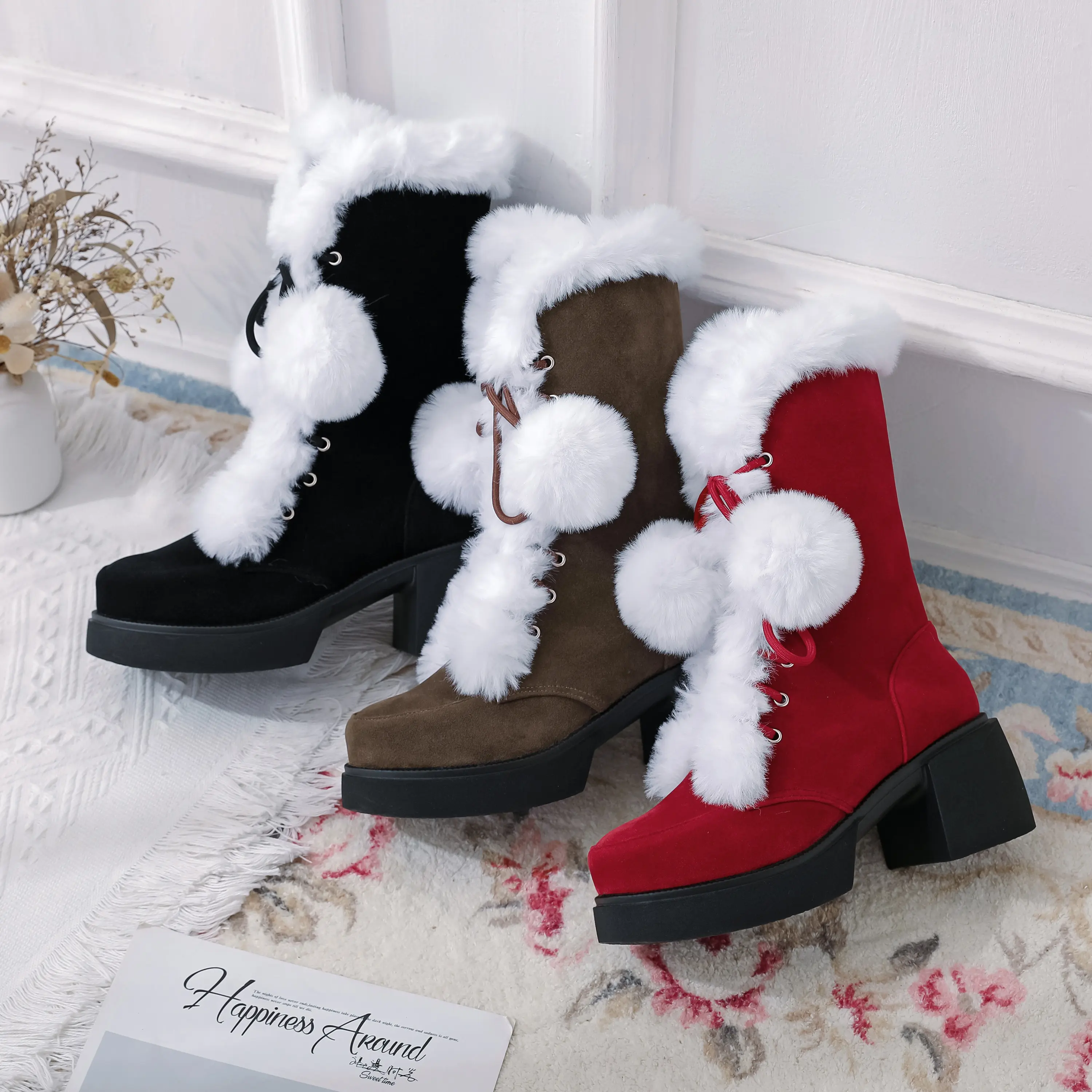 3-Way Christmas Boots | Red/Brown/Black | Pom-Pom & Plush Lining