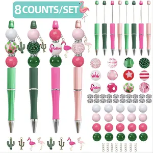 8pcs Flamingo DIY Bead Pen Set, Ballpoint Pen, 20mm 16mm Acrylic Beads, Colorful Flamingo & Palm Wood Beads, Party Gift, Office Learning Supplies, Ballpoint Pen Kit