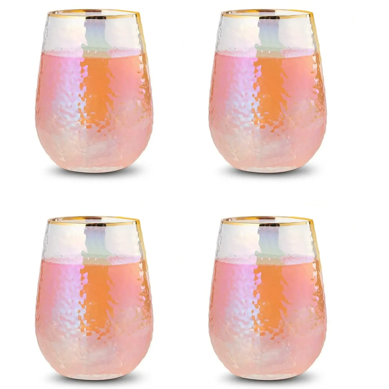 Rainbow Hammered Iridescent Stemless Wine & Water Glasses - Set of 4-100% Glass 15oz Mouthblown Colorful Pearl Glasses - Anniversaries, Birthday Gift, Cocktail Party Radiance - Water, Whiskey, Gift