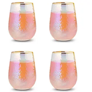 Rainbow Hammered Iridescent Stemless Wine & Water Glasses - Set of 4-100% Glass 15oz Mouthblown Colorful Pearl Glasses - Anniversaries, Birthday Gift, Cocktail Party Radiance - Water, Whiskey, Gift