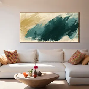 Abstract Brush Stroke Canvas Painting  Teal and Beige Wall Art for Living Room, Bedroom, Office, Dining Room, and Bathroom Decor