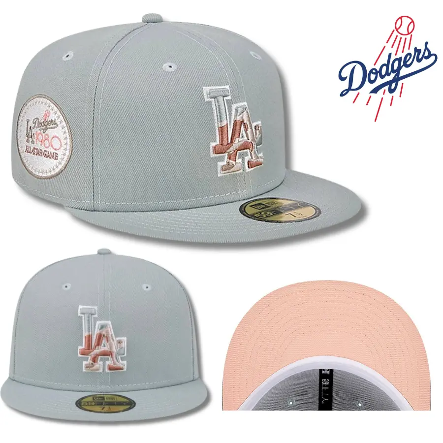 New Era MLB Los Angeles Dodgers 59FIFTY Fitted Cap, LA Gray Pink Baseball Hat, 1980 All Star Game Side Patch, Premium Flat Brim Hat, Streetwear Hip Hop Style, Casual Sports Cap, Unisex, Gorras, Gorra Beisbol, Collector Edition