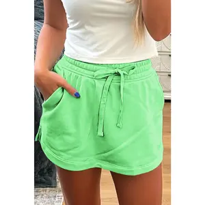 Light Green French Terry Drawstring Mini Skort with Pockets