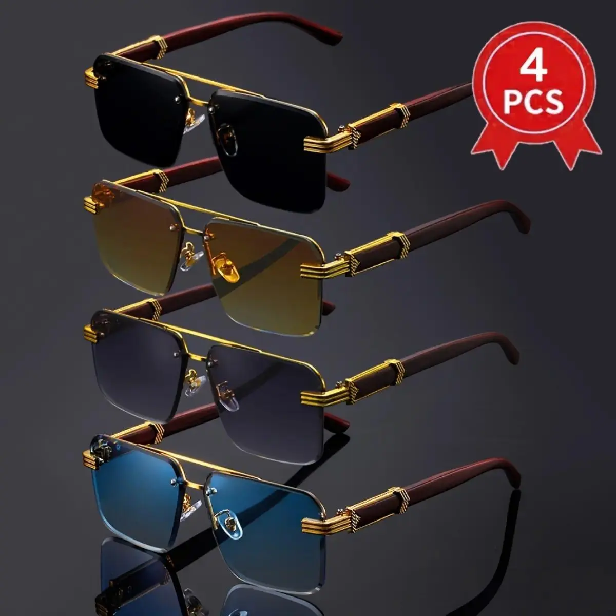 Unisex 4-Pack Retro Rectangular Sunglasses - Full Rim Double Bridge, Lightweight Nylon Shades with Retro Look, 50's Style for Women, Men, Party Wear, Sunglasses For Women, 50'S Style Retro Men's Sunglasses