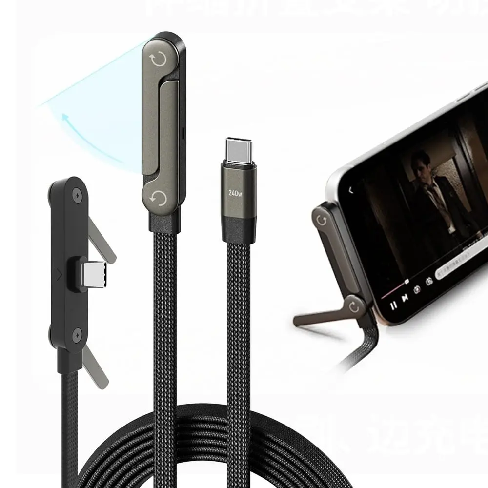 240W USB C to USB C Cable with Hidden Phone Stand, Fast Charging Type C Cord & Desk Video Holder Compatible with iPhone 15 16 Pro Max, iPad, Samsung, MacBook