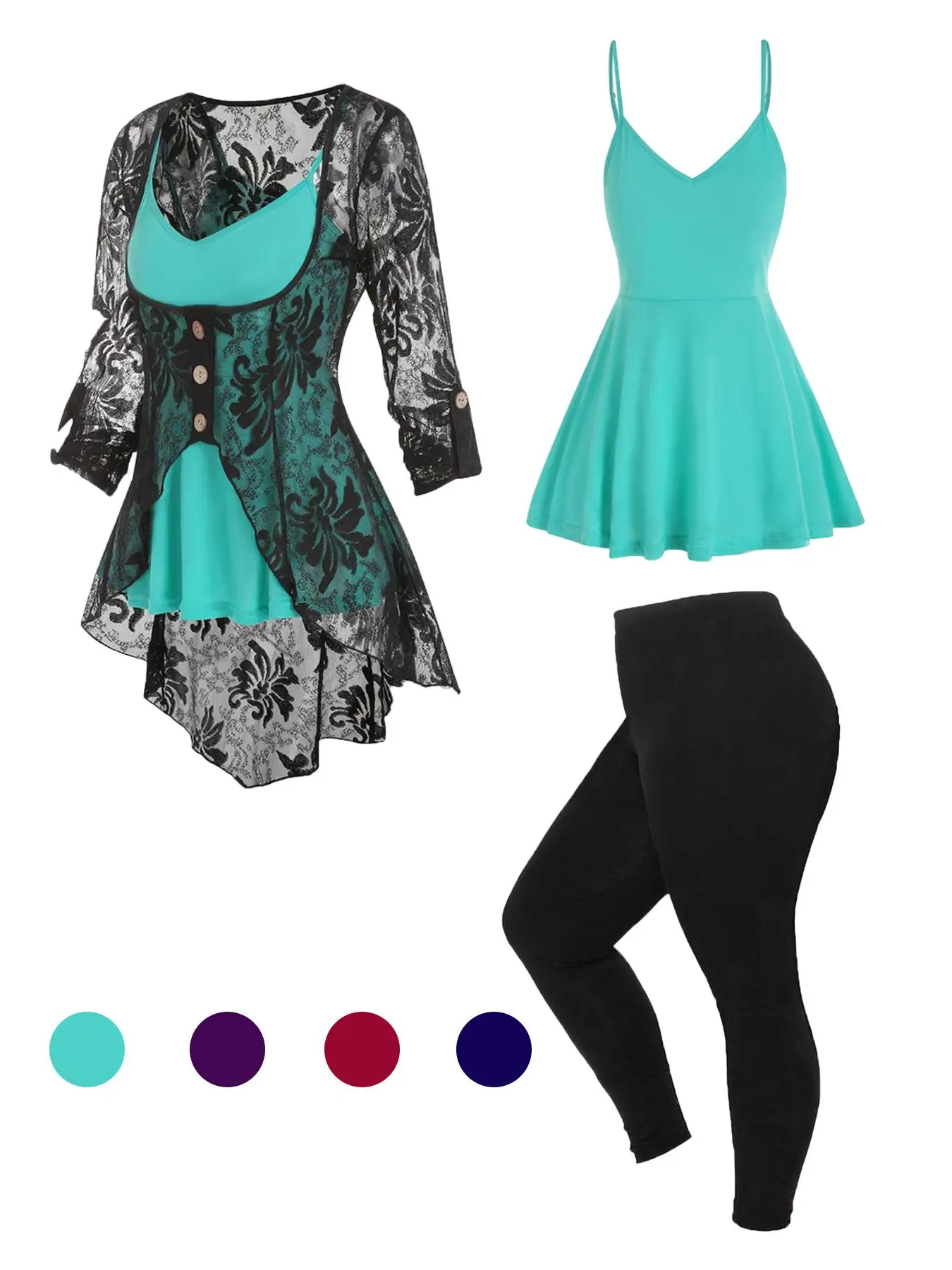 Plus Size 3-Piece Set Cami Top & Lace Blouse & Skinny Pants, 3-Piece Aesthetic Casual Outfits for Outdoor Wear, Plus Clothing for Summer