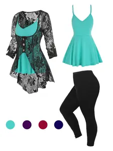 Plus Size Three-Piece Set Cami Top & Blouse & Skinny Pants, Three Piece Outfits for Outdoor Wear, Plus Clothing for Summer