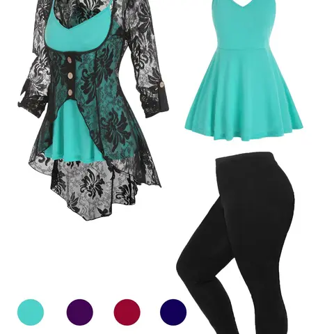 Plus Size 3-Piece Set Cami Top & Lace Blouse & Skinny Pants, 3-Piece Aesthetic Outfits for Outdoor Wear, Plus Clothing for Summer, Casual Set