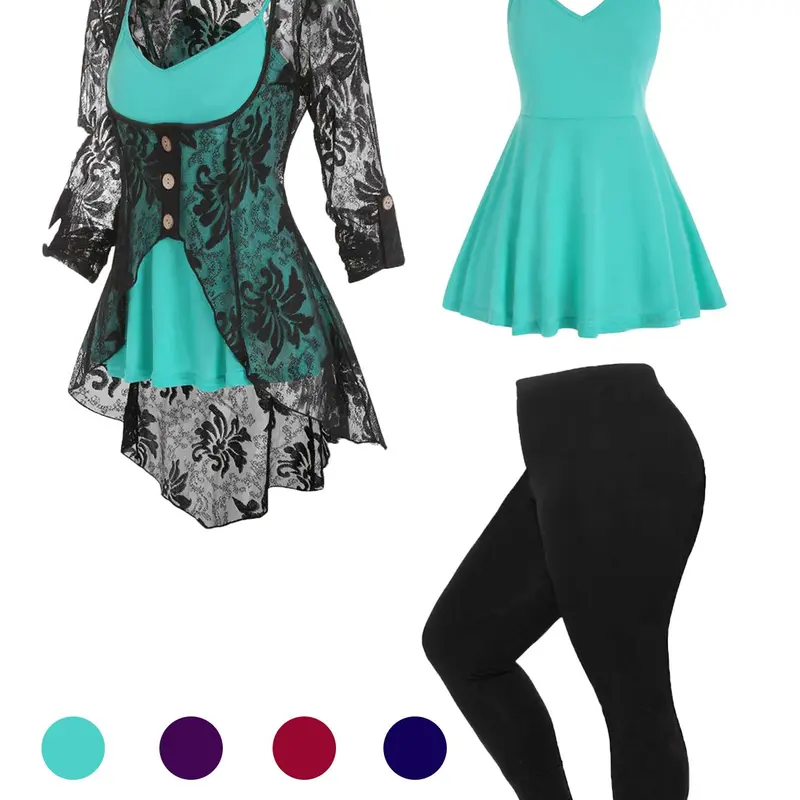 Plus Size 3-Piece Set Cami Top & Lace Blouse & Skinny Pants, 3-Piece Aesthetic Outfits for Outdoor Wear, Plus Clothing for Summer, Casual Set