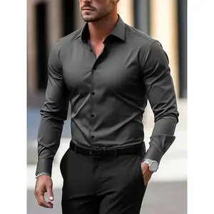 Men's Elegant Shirt, Regular Fit, Classic Collar, Long Sleeve, Solid Color, Iron-Free Fabric, Suitable for Business & Casual Wear