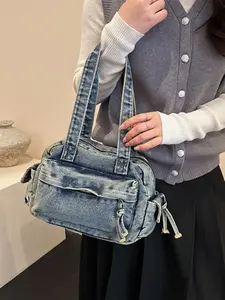 Vintage Washed Denim Underarm Bag, 2026 Spring Summer New Style, Multi-Pocket Crossbody Shoulder Bag, Large Capacity, Student Fashion Backpack