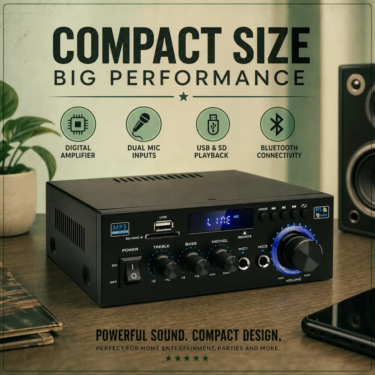 Best Budget Hi-Fi Stereo Amplifier - AK45 40W×2 RMS Bluetooth 5.0 Audio Receiver with USB, SD, FM Radio, Dual Mic Inputs, Remote, Compact 2.0 Channel Amplifier for Bookshelf, Desktop Speakers