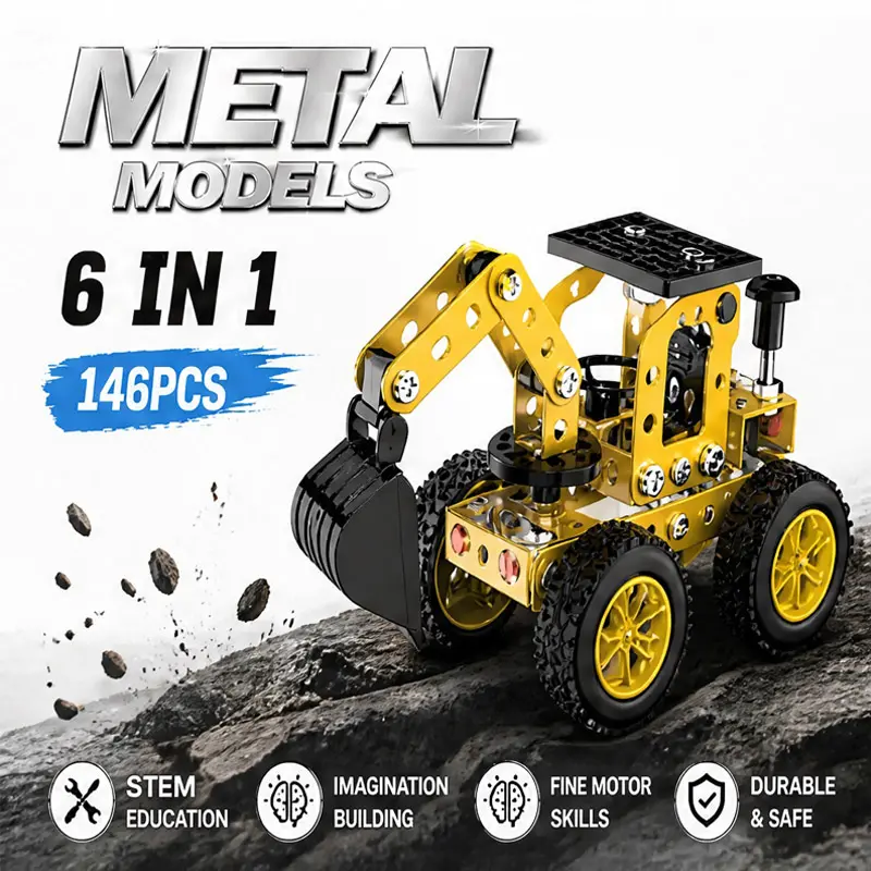 146 Pcs 6-in-1 DIY Metal Construction Toy Set - Bulldozer & Excavator Building Kits for Family Project & Adult Stress Relief - Boosts Focus, Independent Thinking, Curiosity & Confidence - Ideal Gift for Daily Rewards, Birthdays & Holidays