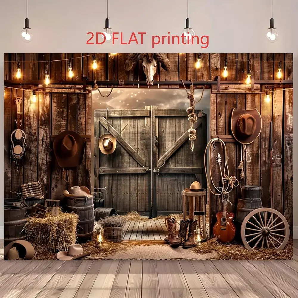 1PC Polyester Reusable 2D Flat Western Cowboy Retro Barn Backdrop - Indoor Backdrops with Straw Hat, Guitar, Wooden Barrel Elements, Birthday Party Decoration, Room Decor Banner,summerwins