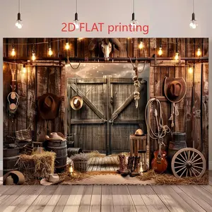 1PC,2D Flat Western Cowboy Theme Retro Barn Backdrop, Party Decoration & Photography Background, Suitable for Festival, Event, Birthday Party Shooting, with Straw Hat, Guitar, Wooden Barrel Eleme