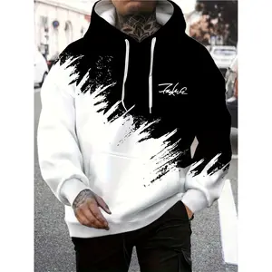 Men's Color Block Letters Graphic Print Hoodie With Kangaroo Pocket, Casual Long Sleeve Hooded Sweatshirt For Outdoor